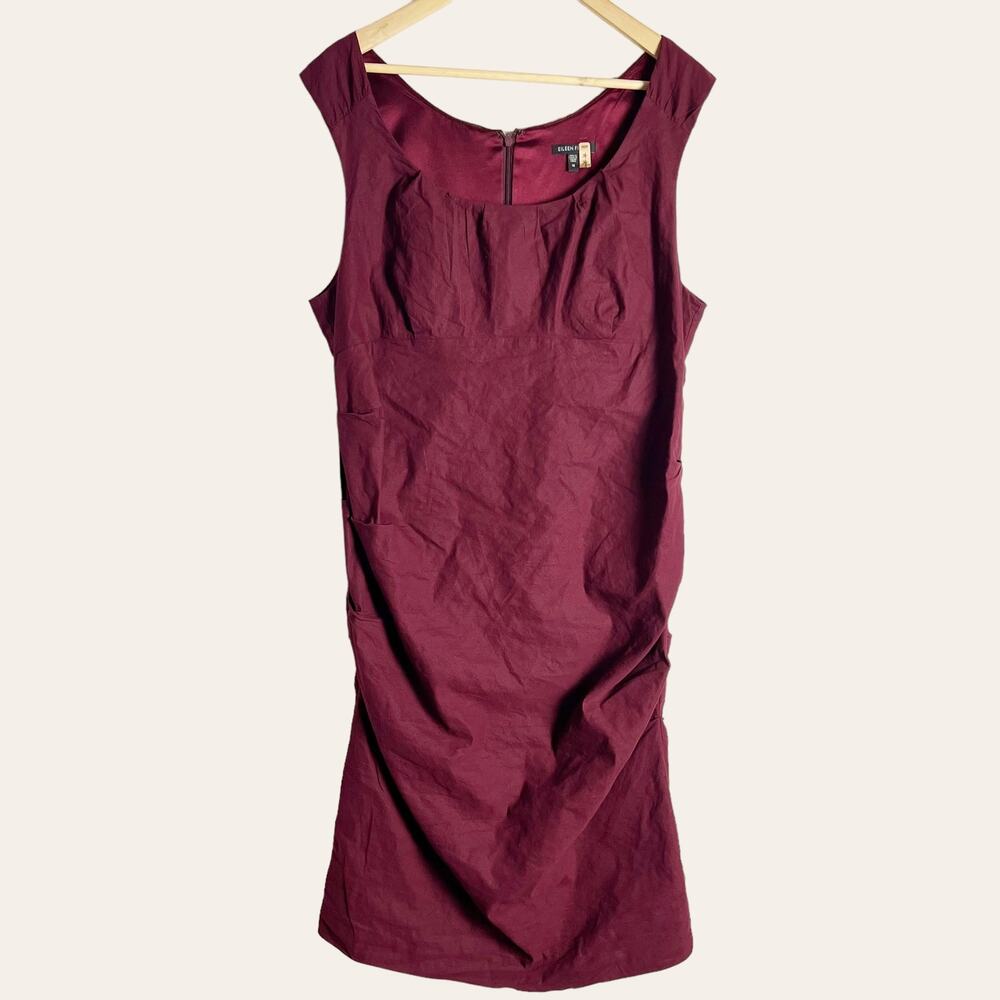 Eileen Fisher Red Burgundy Shirred Cotton Steel Stretch Dress Plus Size 18